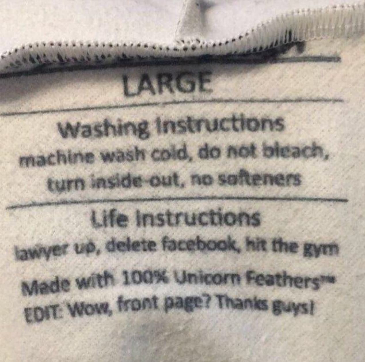 calligraphy - Large Washing Instructions machine wash cold, do not bleach, turn insideout, no softeners Life Instructions lawyer up, delete facebook, hit the gym Made with 100% Unicorn Feathers Edit Wow, front page? Thanks guys!